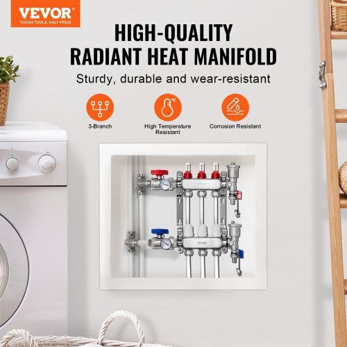 Vevor 3-Branch Floor Heating Manifold Set Pex Pipes 1/2"