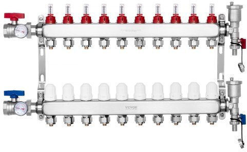 Vevor 10-Branch Floor Heating Manifold Set Pex Pipes 1/2" Drfsqbxg10hl1s697v0