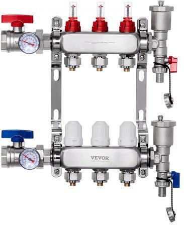 Vevor 3-Branch Floor Heating Manifold Set Pex Pipes 1/2"