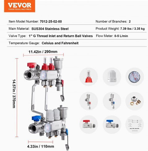 Vevor 2-Branch Floor Heating Manifold Set Pex Pipes 1/2" Drfsqbxg2hlg7e0t8v0