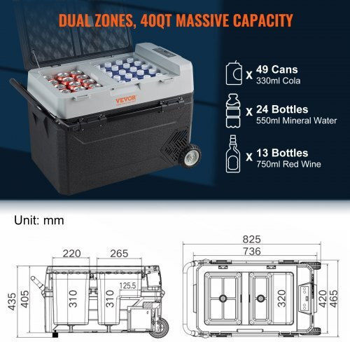 Vevor Преносим Хладилник 38л Капацитет 100-240V / 12V / 24V Сив