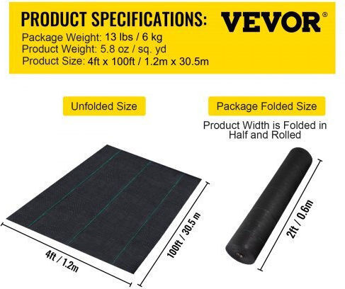 Vevor FCBY41005.8OZNQAYV0 Ύφασμα Εδαφοκάλυψης 197gr/m² 1.2x30.5m Μαύρο