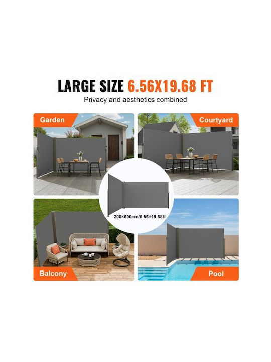Сгъваем страничен навес Vevor 79''x236'' сив Ksscp200x600qpnqgv0