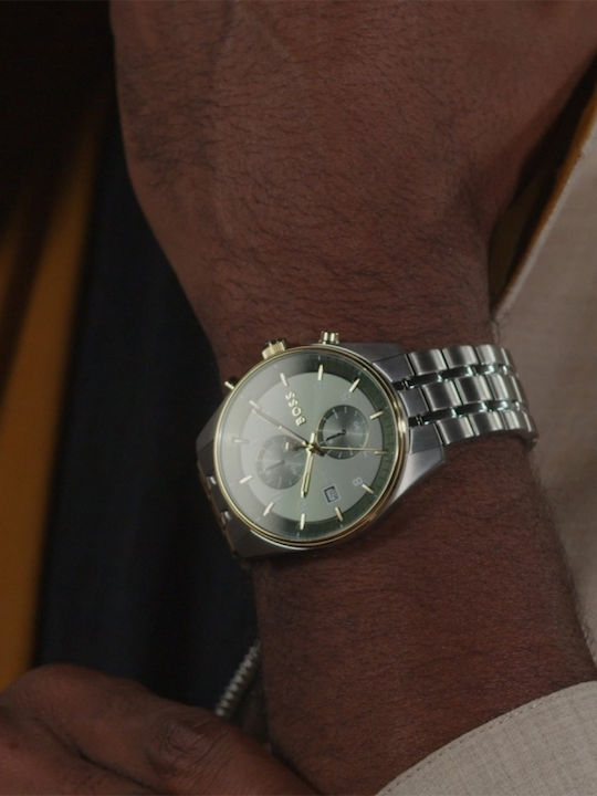 Boss Skytraveller Ανδρικό Ρολόι 44mm Χρονογράφος Μπαταρίας με Ασημί Μεταλλικό Μπρασελέ
