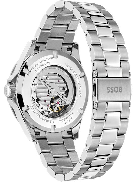 Boss Troper Ανδρικό Ρολόι 42mm Χρονογράφος Αυτόματο με Ασημί Μεταλλικό Μπρασελέ