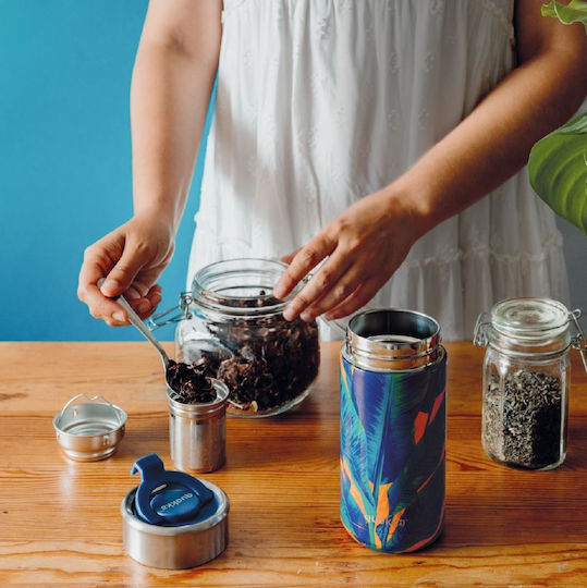 Quokka Tumblers Glass Thermos Stainless Steel BPA Free 400ml Blue Jungle with Straw and Handle
