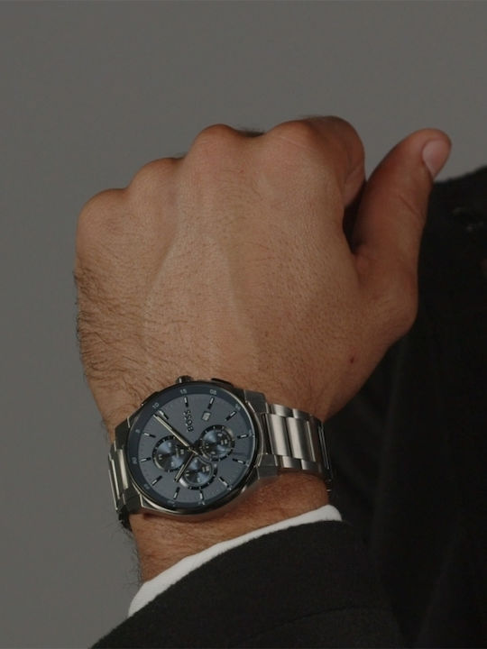 Boss Peak Ανδρικό Ρολόι 45mm Χρονογράφος Μπαταρίας με Ασημί Μεταλλικό Μπρασελέ