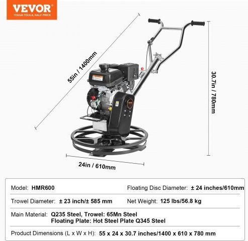 Vevor Concrete Trowel 24” 6hp Gas-Powered Floating Blade Dlmdjs24inchtm04pv0
