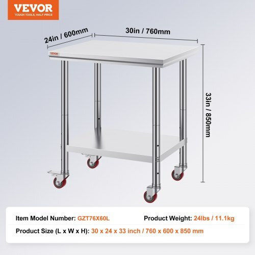 Vevor Stainless Steel Workbench 30x24" Wheels Kitchen Sygzt30x24indjl01v0