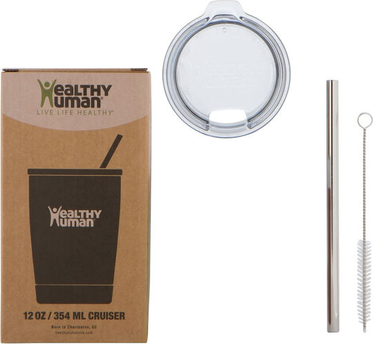 Healthy Human Stainless Steel Thermos Bottle BPA Free 354ml Natural Wood with Straw