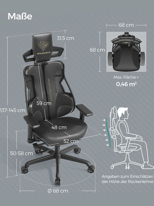 Songmics Evogamer Καρέκλα Gaming Δερματίνης με Ρυθμιζόμενα Μπράτσα Μαύρη