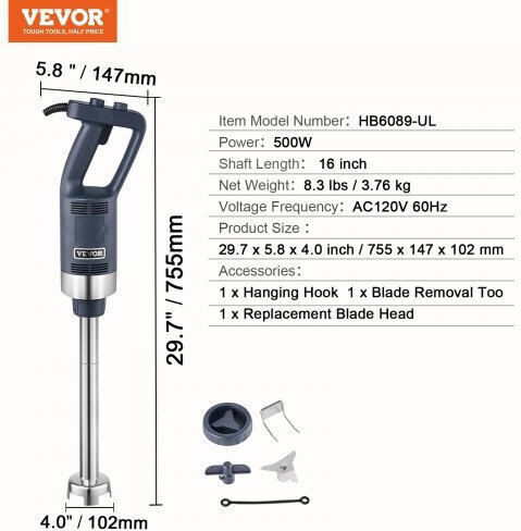 Vevor Commercial Hand Blender 500W with Shaft 16mm