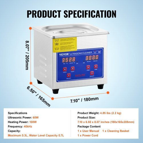 Vevor Ultrasonic Cleaner 1.3L Inox with Digital Timer