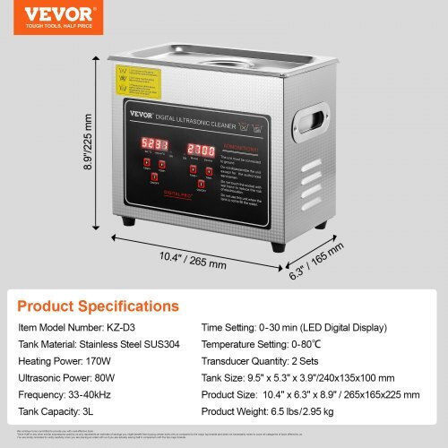 Vevor Ultrasonic Cleaner 3Lt Inox With Digital Timer