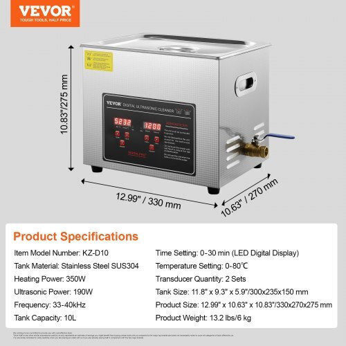 Vevor Καθαριστής Υπερήχων 10lt Inox με Ψηφιακό Χρονοδιακόπτη