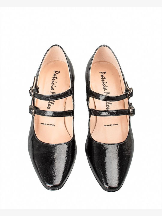 Leather Black Medium Heels with Strap