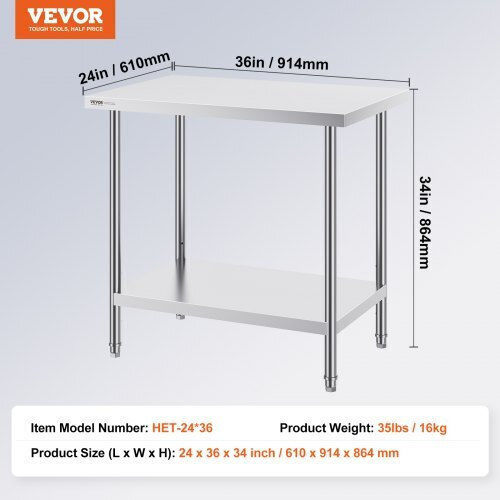 Vevor Masă din oțel inoxidabil L60.96xl91.44xH86.36cm