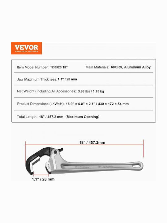 Vevor French Wrench with Adjustable Opening 18mm 457.2mm