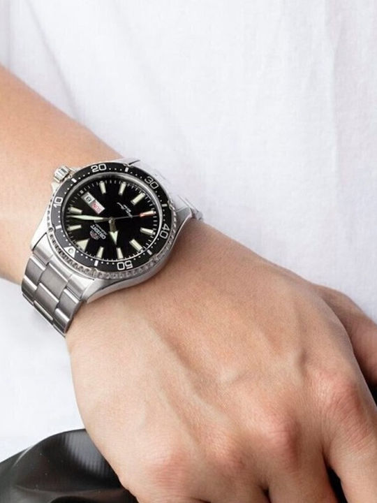 Orient Ανδρικό Ρολόι 42mm Αυτόματο με Ασημί Μεταλλικό Μπρασελέ