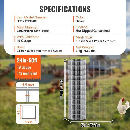 Vevor Σύρμα για Περίφραξη Κήπου Γαλβανιζέ 1.27x731.52εκ. Ασημί
