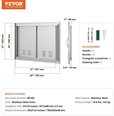 Πόρτα Bbq Vevor 762x533mm Ανοξείδωτη Διπλή Χερούλια & Αεραγωγούς Smmbscjmys30npmwov0