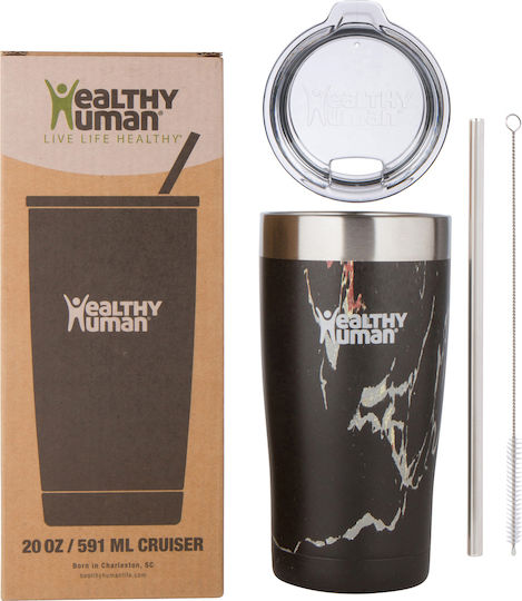 Healthy Human Cruiser Glass Thermos Stainless Steel BPA Free 591ml Black Onyx with Straw