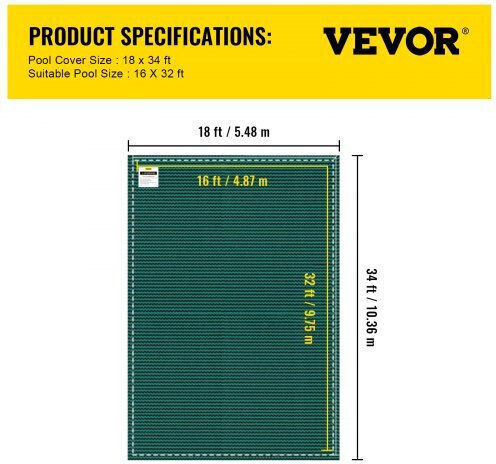 Κάλυμμα Ασφαλείας Πισίνας Vevor 16x32ft Πράσινο Δίχτυ Χειμώνα Yycm16x32ycycg001v0