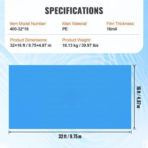 Vevor Solar Pool Cover 36x16 Ft 16 Mil