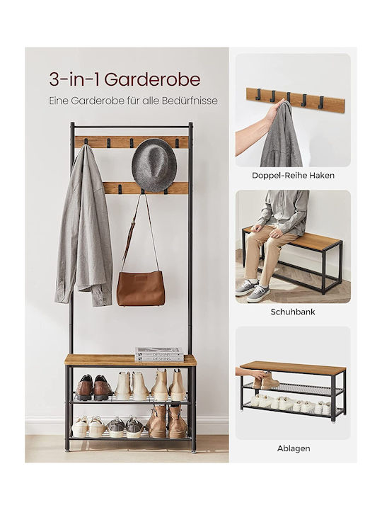 Entry Furniture with Hanger / Shoe Rack / Wardrobe & Bench Walnut and Black 32x70x177cm