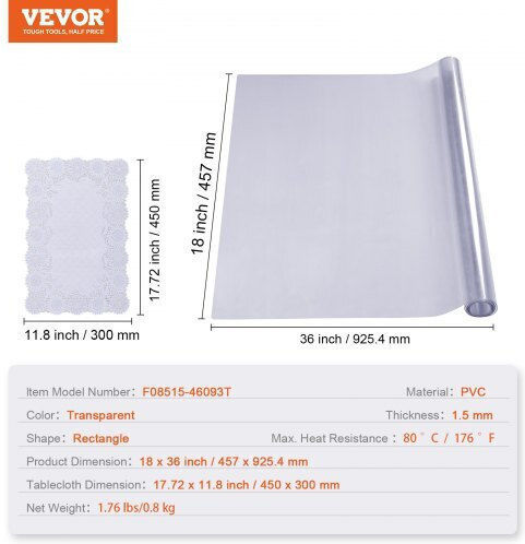 Vevor Transparenter Tischschutz 18" x 36" 1,5 mm PVC Wasserdichte Tischdecke Zfxzbyctmspvcvczav0
