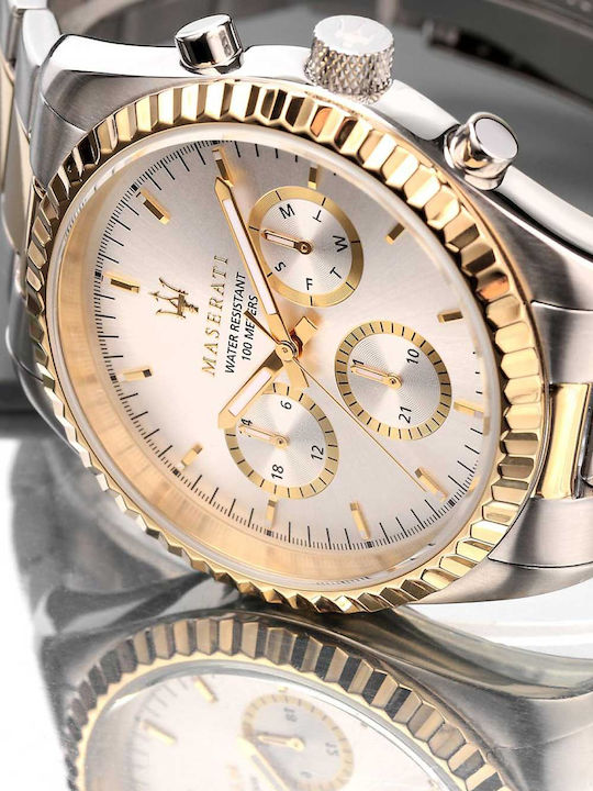 Maserati Ανδρικό Ρολόι 43mm Χρονογράφος Μπαταρίας με Χρυσό Μεταλλικό Μπρασελέ