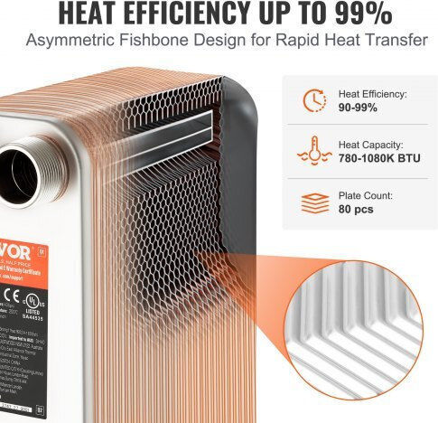Vevor Εναλλάκτης Θερμότητας 80 Πλακών 5"x12" Ανοξείδωτο Ατσάλι 316l Qhbshrq51280hrf9vv0