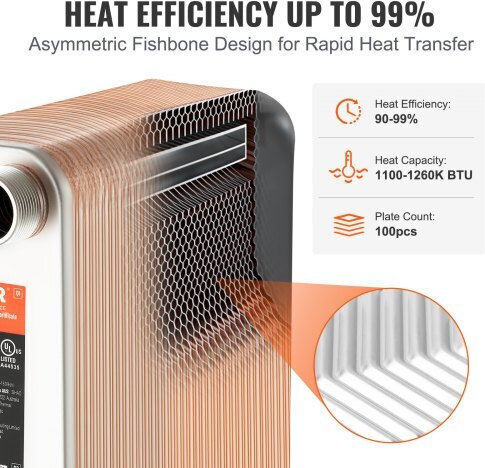 Vevor Εναλλάκτης Θερμότητας 100 Πλακών 4*1-1/4" Mnpt 5"x12" Ανοξείδωτο 316l Qhbshrq51210ih0z3v0