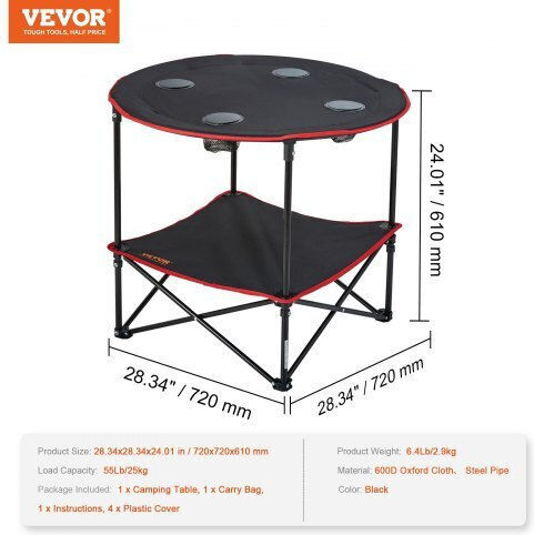 Vevor Τραπέζι Ατσάλινο για Camping Πτυσσόμενο Μαύρο