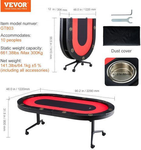 Vevor 10-Person Folding Poker Table with Cup Holders & Padded Rails 90" Oval Casino
