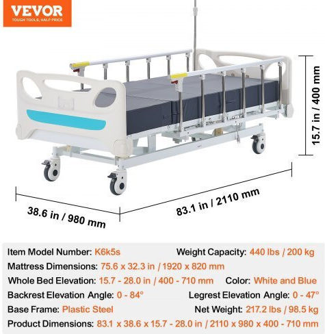 Vevor Ηλεκτρικό Πολύσπαστο Νοσοκομειακό Κρεβάτι με Στρώμα QDDKLBBXGKJHRUMN0V2