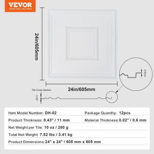 Vevor Плочка За под На закрито Матов 60.96x60.96см White