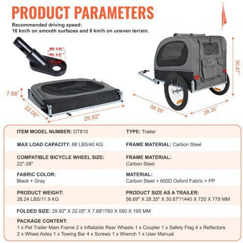 Vevor Dog Bicycle Trailer Up to 40 Kg Black Grey Tcscwzxctc106aqokv0