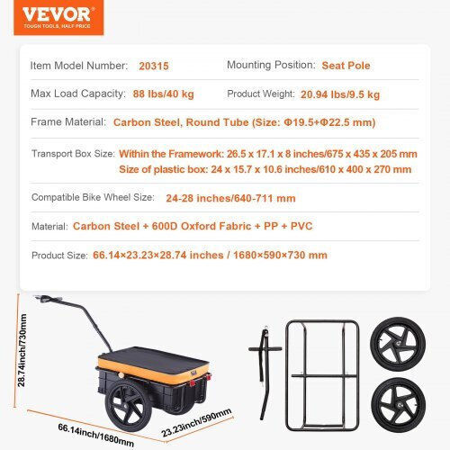 Vevor Τρέιλερ Ποδηλάτου 40kg Φορτίο Αναδιπλούμενο Αδιάβροχο 16" Τροχοί Αντανακλαστικά 24"-28" Ποδήλατα Cgkzghjg100bkktqkv0