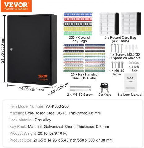 Ключов шкаф Vevor с 200 позиции, регулируеми рафтове и цветни етикети Ycaqjhs200pcpvii5v0