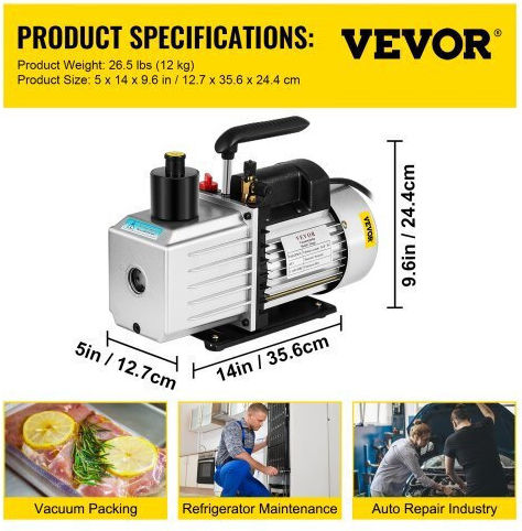 Vevor Επαγγελματική Αντλία Κενού 8cfm Δύο Σταδίων 15μικρόν 1hp 8cfm1hpzkb0000001v2
