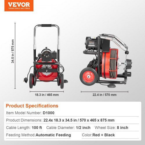 Vevor Abflussreiniger Stahl-Drainageentstopfer 30.48m