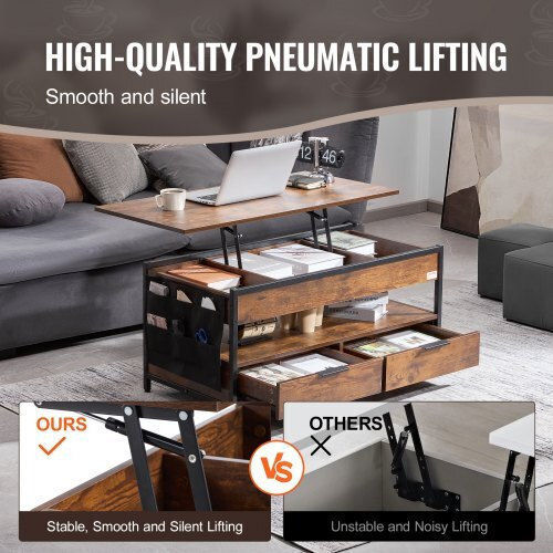 Rectangular Central Coffee Table Wooden with Lifting Mechanism Brown M100xW49.8xH48cm