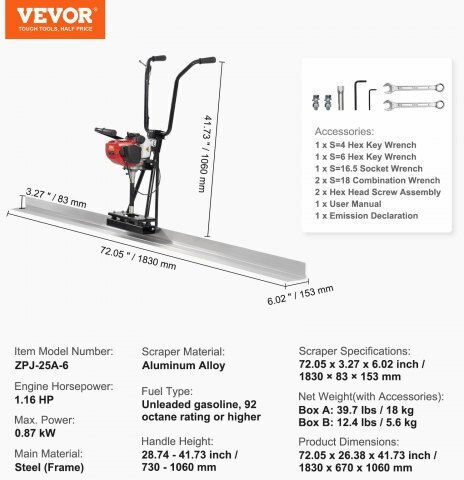 Vevor Betonvibratorgerät 1830mm Aluminiumstange Dlshntfz135hw6bf8v0