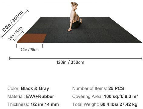 Vevor Δάπεδα Παζλ Γυμναστηρίου Μαύρα 60.96x60.96cm 25τμχ