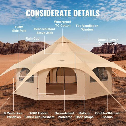 Vevor Σκηνή Camping Teepee Μπεζ 4 Εποχών για 8 Άτομα 500x500x280εκ.