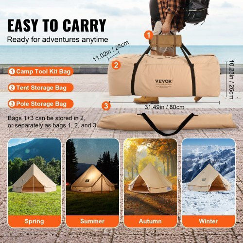 Vevor Σκηνή Camping Teepee Μπεζ 4 Εποχών για 4 Άτομα 300x300x200εκ.