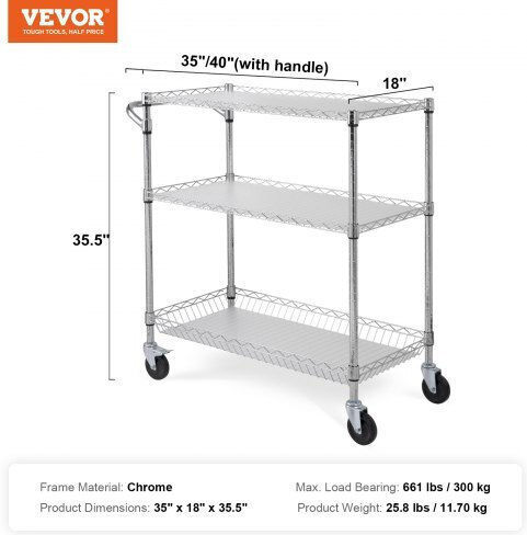 Vevor Commercial Kitchen Food Cart for Dish Baskets H90.17xW88.9xD45.72cm