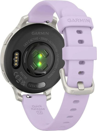 Garmin Lily 2 Active Aluminium 38mm Αδιάβροχο Smartwatch με Παλμογράφο (Silver/Jasmine Purple)