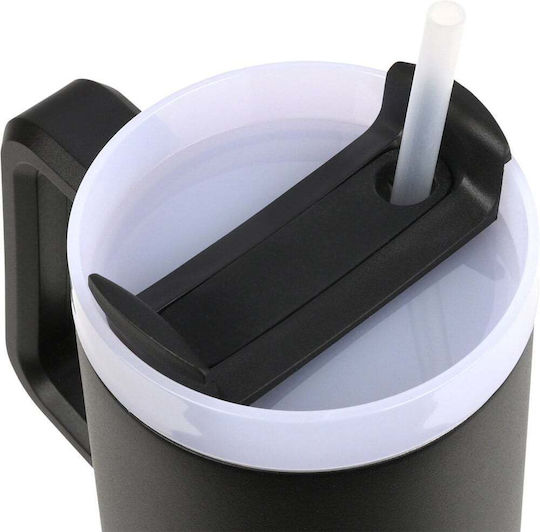 Estia Straw Tumbler XL Save The Aegean Handled Tumbler Thermos Stainless Steel BPA Free 900ml Midnight Black